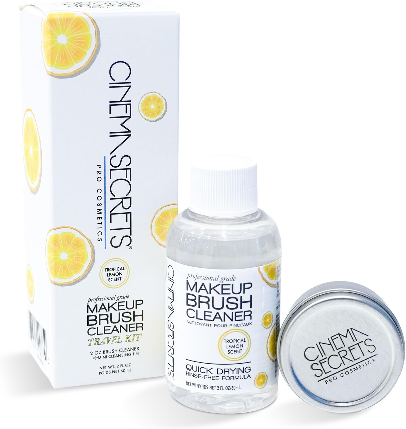 Original Travel Makeup Brush Cleaner Kit - Professional Cleanser + Cleansing Tin for Makeup Brushes - Quick-Drying & Rinse-Free - Removes Stubborn Waterproof Make Up - Lemon (2 fl oz)