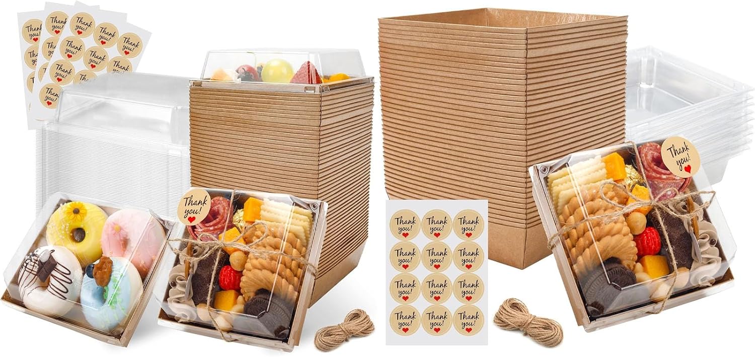 NPLUX Bundle of 50 Pack Brown Charcuterie Boxes with Clear Lids and 100 Pack Brown Mini Bakery Boxes for Pudding, Souffle, Party, Wedding