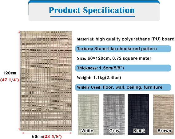 Modern 3D Wall Panels Stone Like Checkered, Waterproof PU Wainscoting, Interior Wall Decor Covering Panel, 3D Brick Faux Stone Look Cladding(White,2pcs - 0.6 x 1.2m)