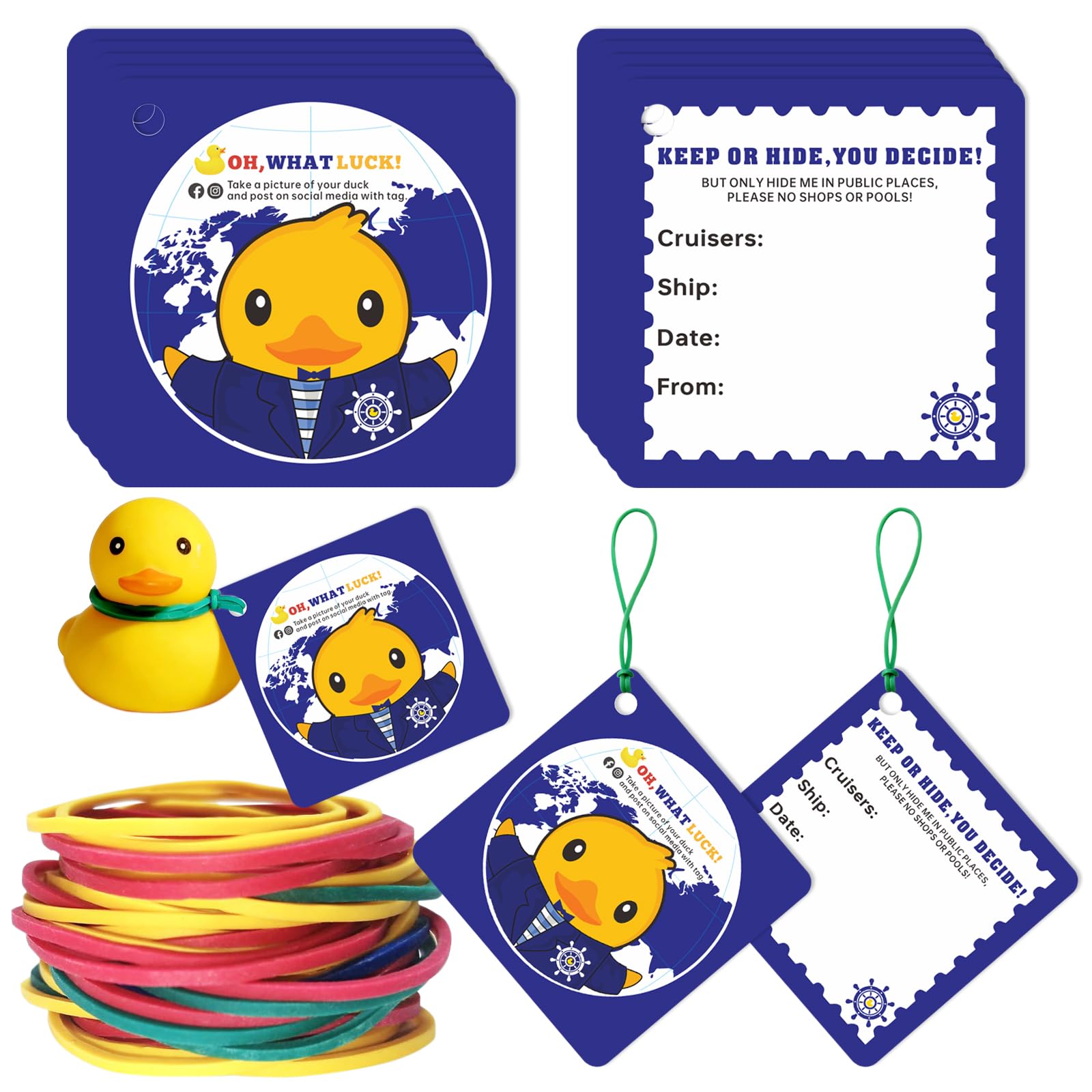 Dinggaogao 50 Duck Tags, Ducking Game Cards, Cruise Rubber Duck Tags (50 Rubber Bands, 2.56 x 2.56 Inches) for Cruise Ship