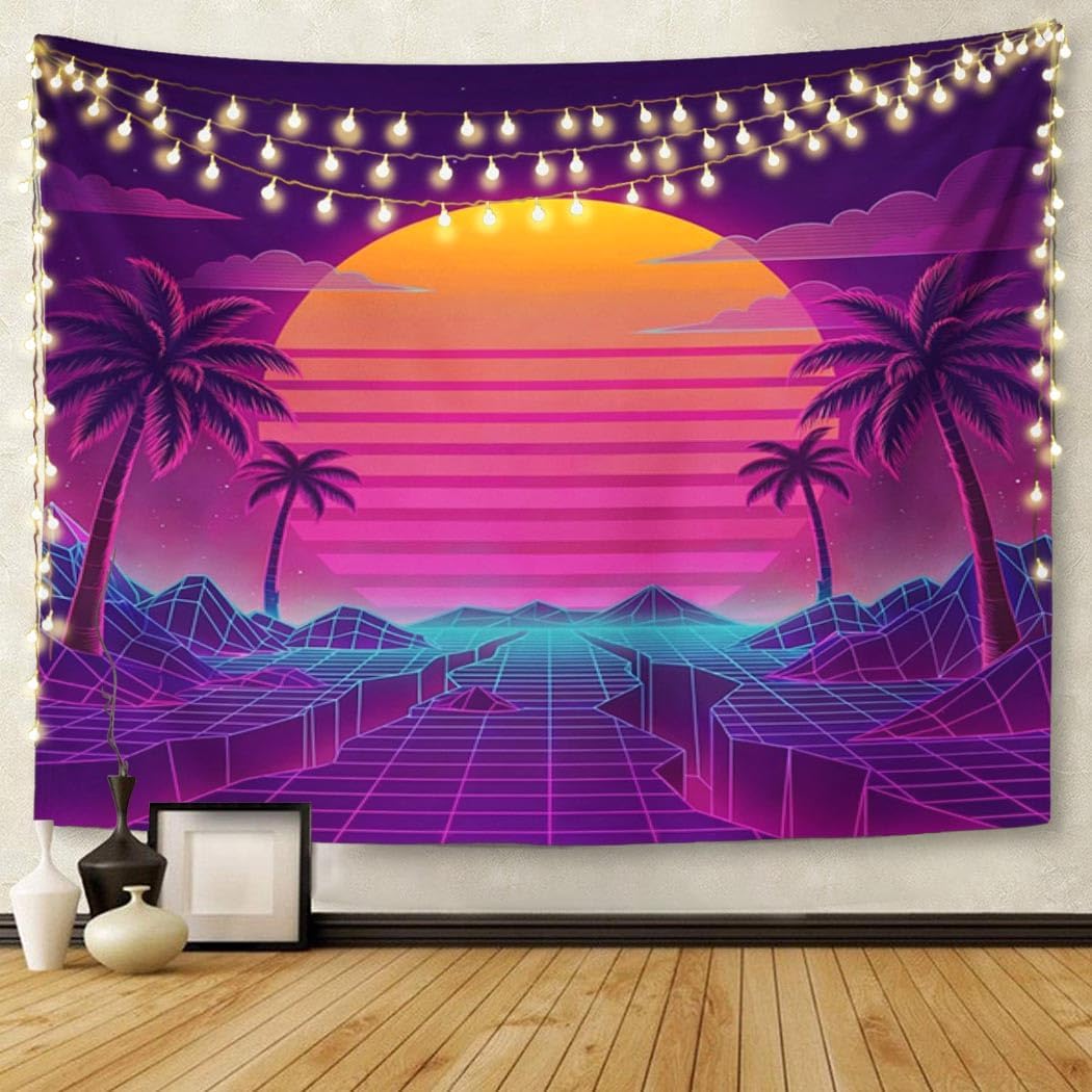 TOMPOP Tapestry Retro Futuristic Neon Landscape 1980S Digital Cyber 80S Party Sci Neon Home Decor Wall Hanging for Living Room Bedroom Dorm 60x80 Inches