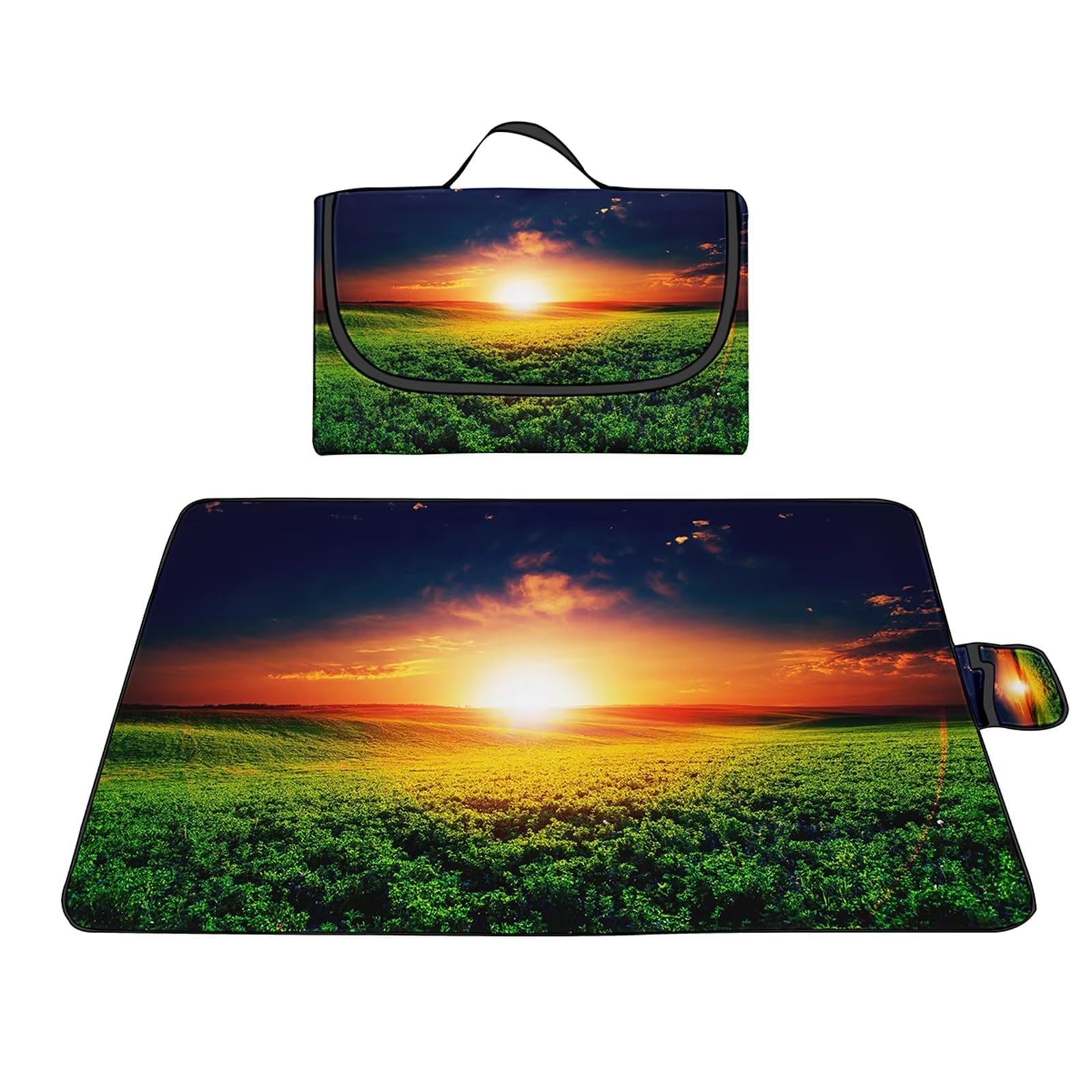 Couverture Pique-nique Imperméable 200x200cm,Couverture Plage Extérieure XXL,Coucher de soleil dans la prairie Camping Couverture étanche Pique-nique avec Poignée pour Camping Randonnée Parc Plage