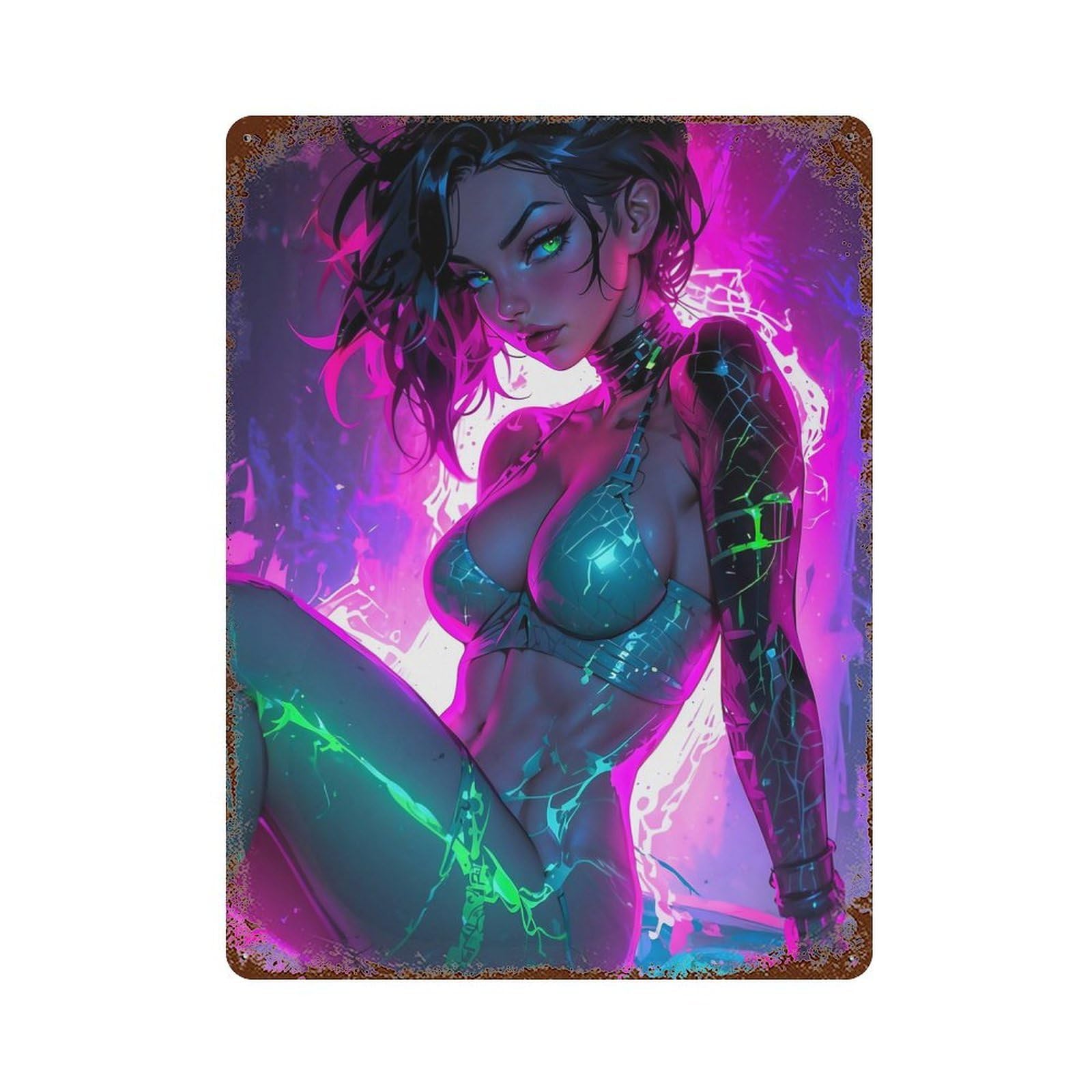 Garage Style Neon Green Woman Vintage Rust Metal Sign 15.7"x11.8", Novelty Wall Decor for Bar And Workshop