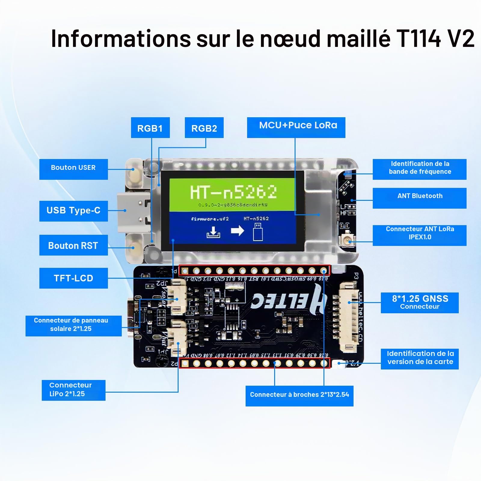 Mesh Node T114 V2 lorawan pour Meshtastic Modul Binghe Meshtastic Tracker nRF52840 LoRaWAN LoRa avec 1,9″ TFT-Display LoRa Carte de Développement 863-928mhz BLE/WiFi compatible avec Arduino/Meshtastic