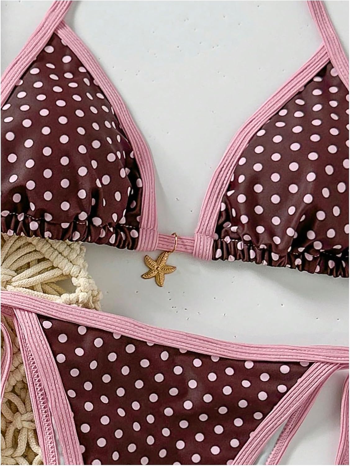 BEAUDRM Women's 2 Piece Gingham Bikini Set Cute Triangle Thong Bikini Halter String Bathing Suit High Cut Cheeky Swimsuit