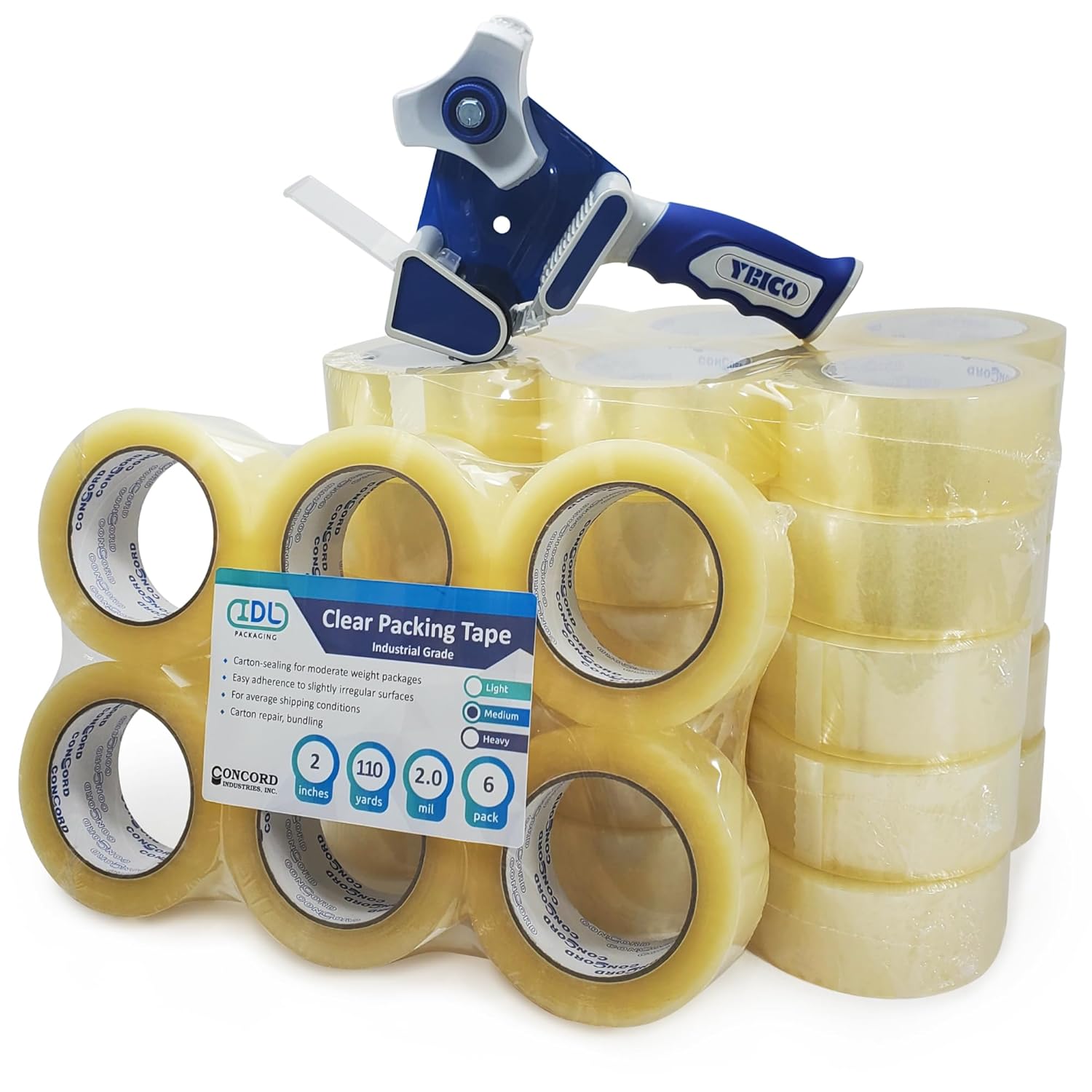 IDL Packaging Packing Tape with Rubber Handle Dispenser Packaging Kit - 36 Rolls of 2" x 2.0 mil x 110 Yards, Clear Tape - Excellent Carton Sealing for Moving and Shipping