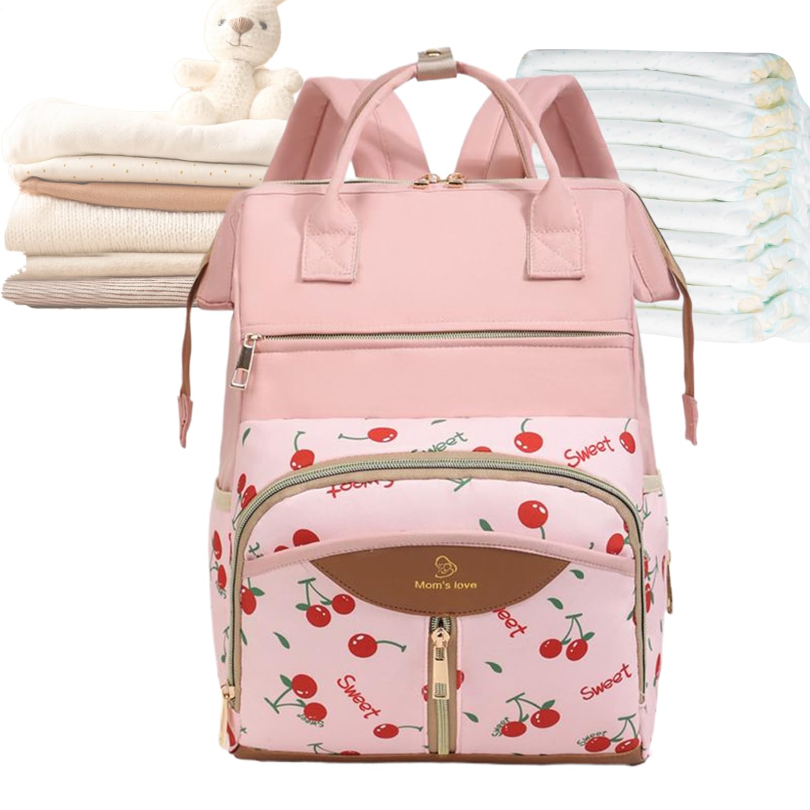Nappy Bag for Pregnant Women - Cherry Oxford Fabric Backpack Waterproof Diaper Bag Insulated Bottle Pockets | Large Travel with Changing Mat, Stroller Straps for, pink, Siehe Beschreibung