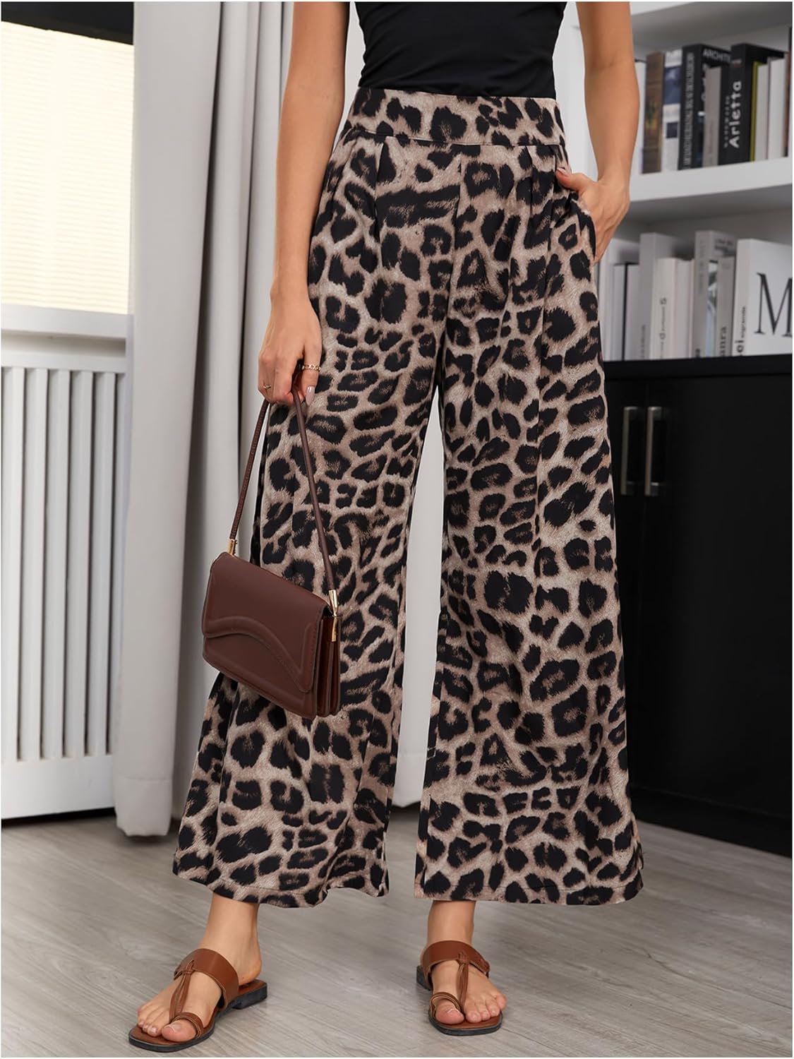 SweatyRocks Women's Leopard Print High Waisted Wide Leg Pants Casual Long Trousers - Image 3