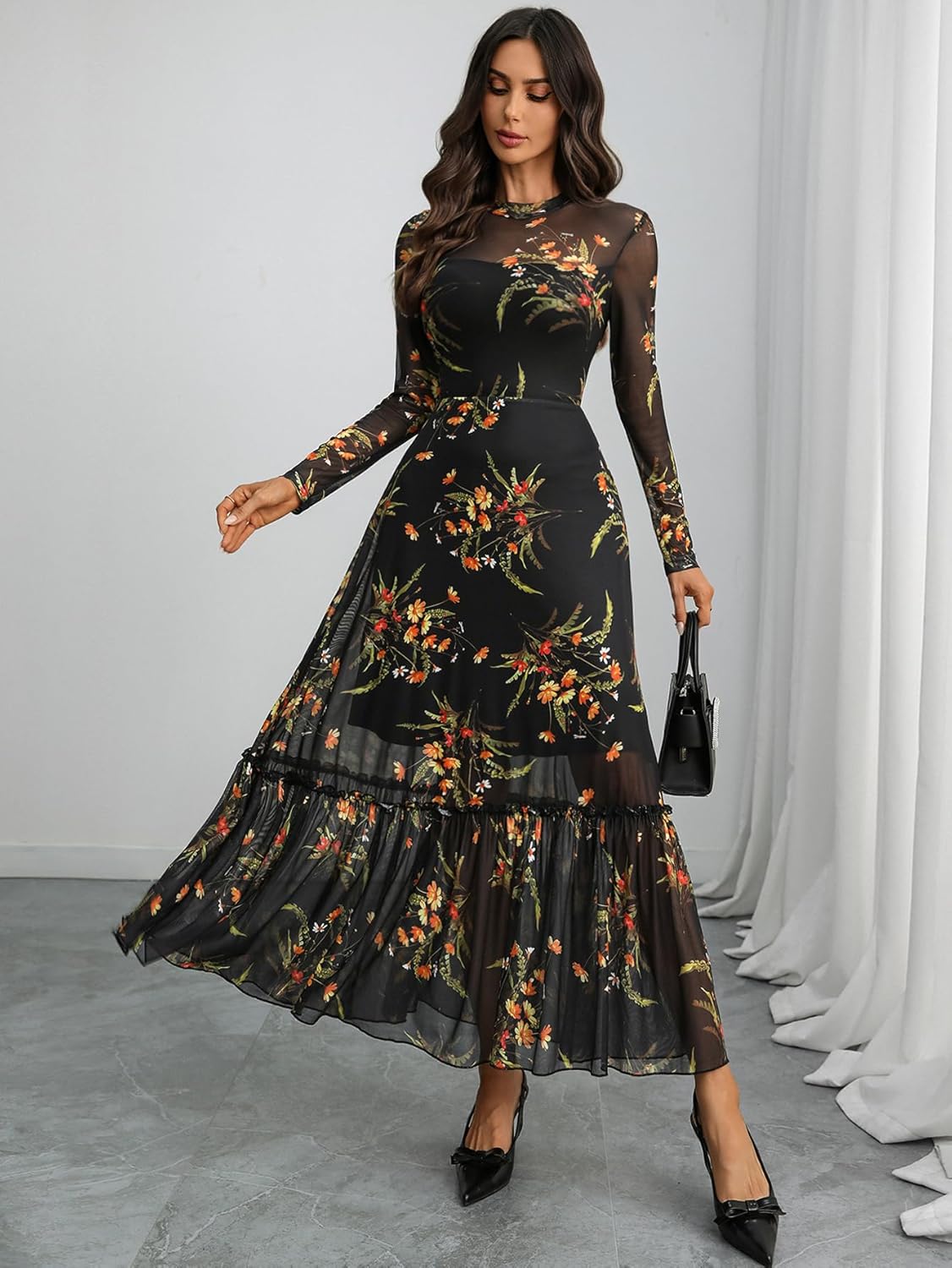 GothDark Womens Floral Mesh Dress Long Sleeve Round Neck A Line Gothic Vintage Casual Wedding Guest Maxi Dresses - Image 3