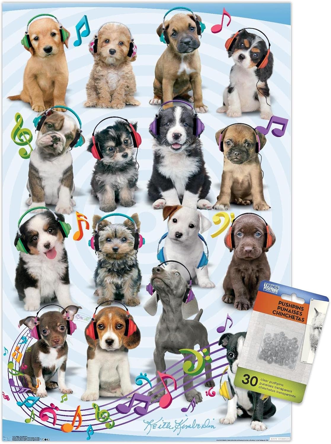 Trends International Keith Kimberlin - Puppies - Headphones Wall Poster, 14.72" x 22.37", Premium Poster & Push Pin Bundle