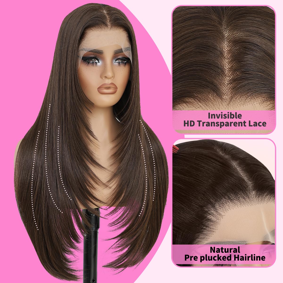 Synthetic 13x4 Lace Front Wigs Pre Plucked Chocolate Brown Straight Wigs For Women Ready to Wear Glueless Wig With Bangs Long Layered Straight Wigs 100% Futura Premium Fiber 26 Inch Beginner Friendly