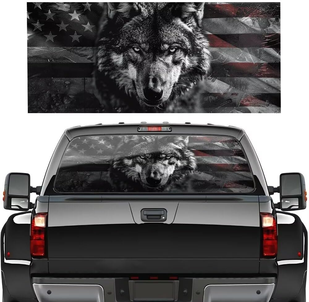 Black and White Wolf Flag Truck Rear Window Decal, American Flag Window Sticker, Patriotic Perforated Vinyl Sticker, Universal Clear Window Film for SUVs and Pickups 66" x 20"