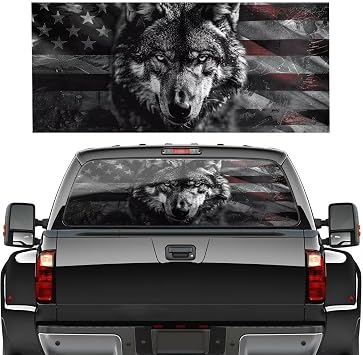 Black and White Wolf Flag Truck Rear Window Decal, American Flag Window Sticker, Patriotic Perforated Vinyl Sticker, Universal Clear Window Film for SUVs and Pickups 66" x 20"