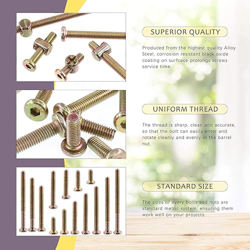 Miniatura 3 de Swpeet 181 piezas M6 x 0.591 in - 3.150 in Color Zinc Cabeza Plana Hex Socket Cap Baby Cuna Tornillos Tuercas Tornillos y Tuercas de Inserción