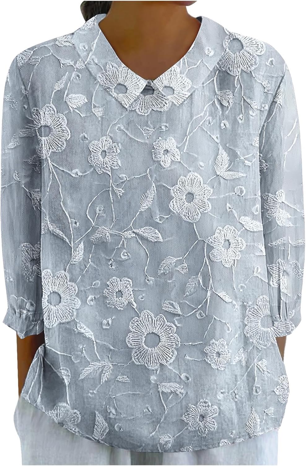 Lace Embroidered 3/4 Sleeve Shirts for Women Casual Comfy Lightweight Summer Fall Tunic Tops Plain Dressy Blouses
