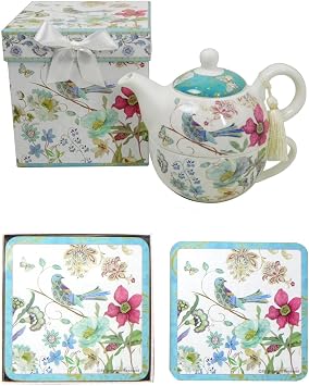 Lightahead Exclusive Bundle Blue Bird Design of Bone China Tea for one Set and Four Cork Coasters