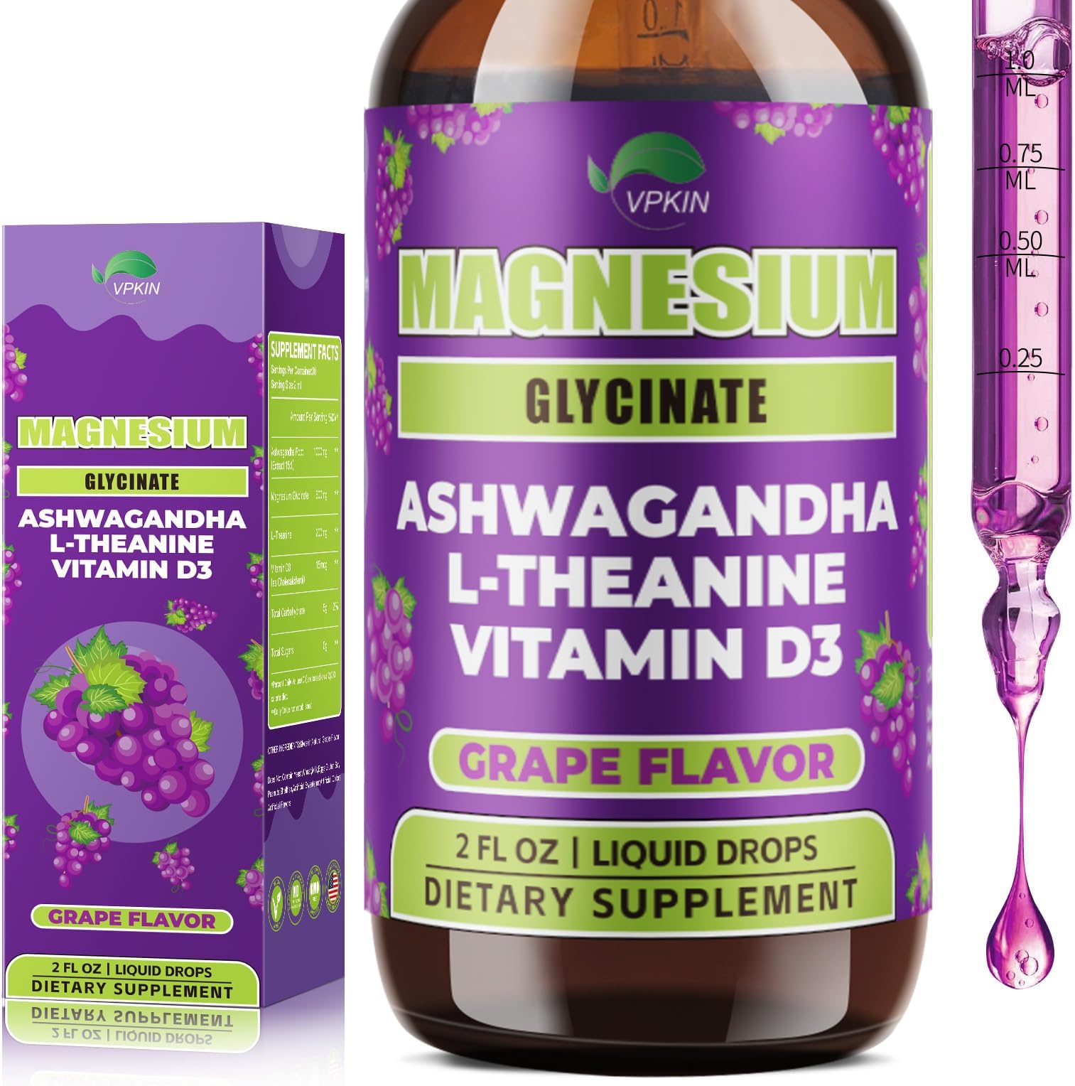 Magnesium Liquid,Ashwagandha with Magnesium Glycinate for Sleep,L-Theanine and Vitamin D3,Support Mind & Immune,Grape Flavor-2 Fl Oz