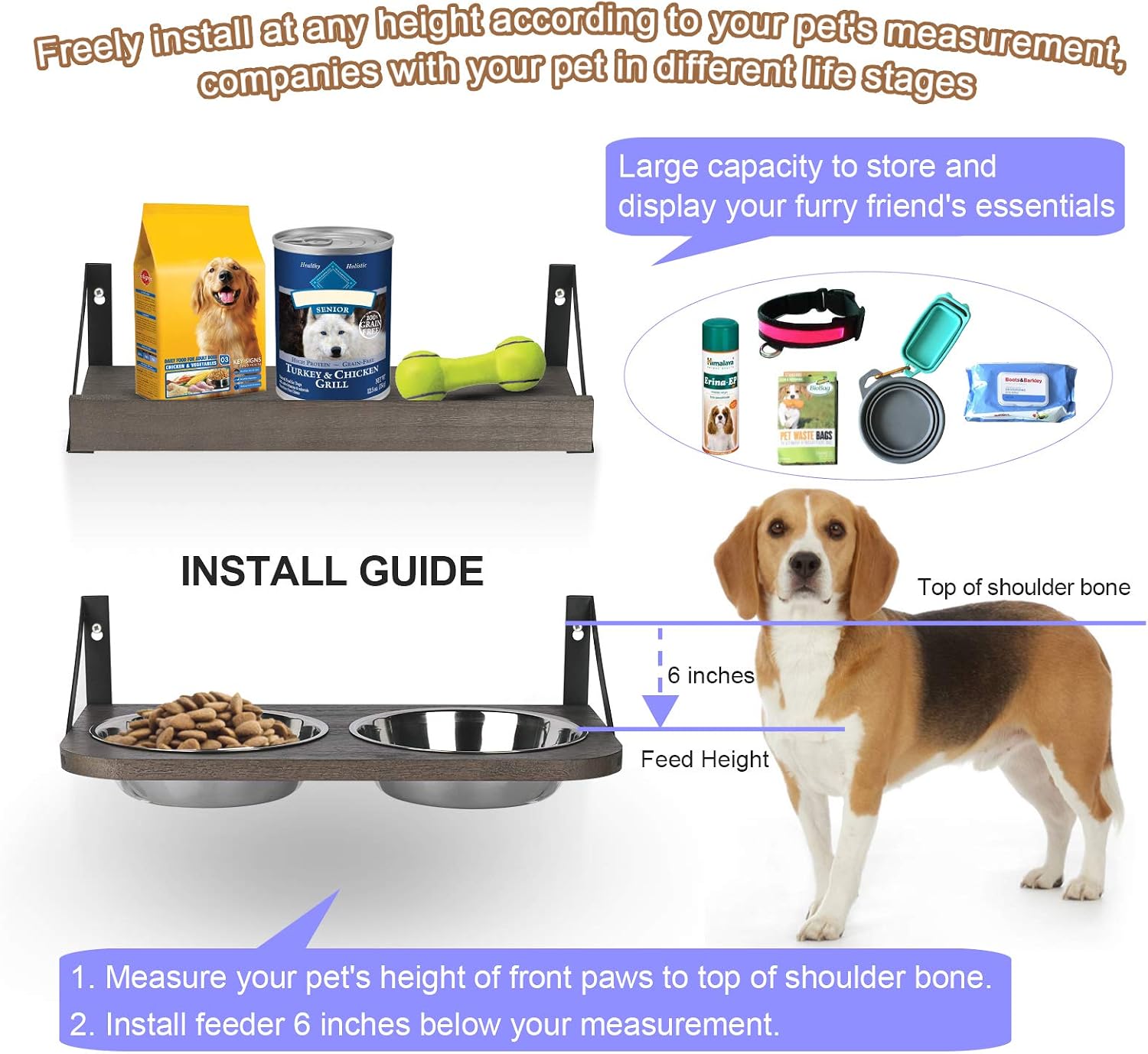 Emfogo Dog Bowls Customized Height Wall Mounted Elevated Pet Feeder with 2 Stainless Steel Dog or Cat Dishes and Storage Shelf Rustic Wood Raised Pet Bowls 15.9 in L