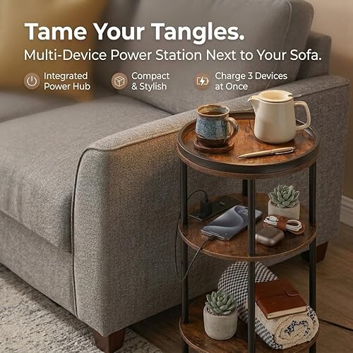 Vista 9 de Mesa auxiliar redonda pequeña con estación de carga para espacios pequeños, mesa de acento redonda de 3 niveles con puertos USB y tomas