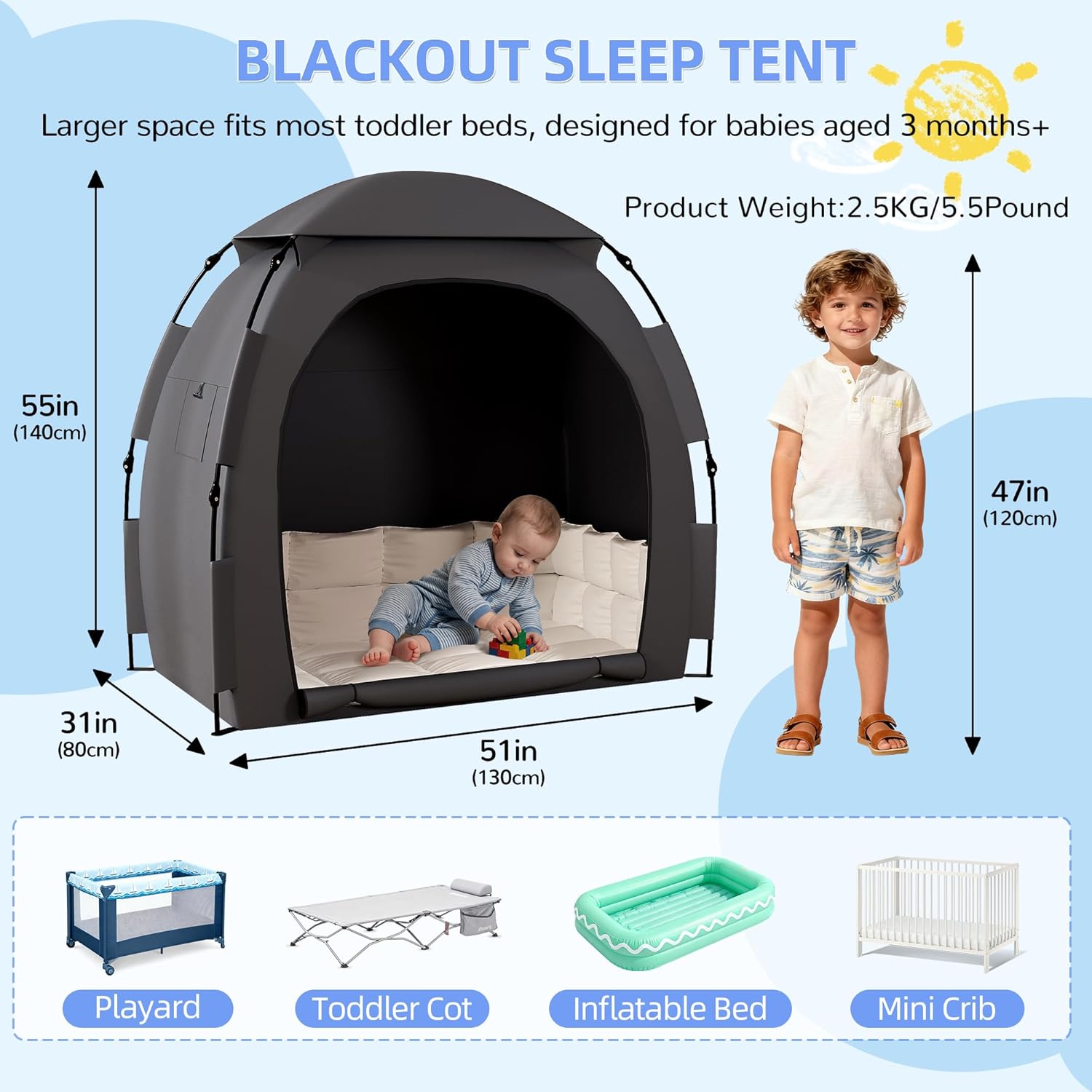 Blackout Tent for Pack and Play, Portable Baby Sleep Pod with 1-Click Set Up, Block 95% Light Breathable Baby Travel Crib Canopy Tent for Babies and Toddlers