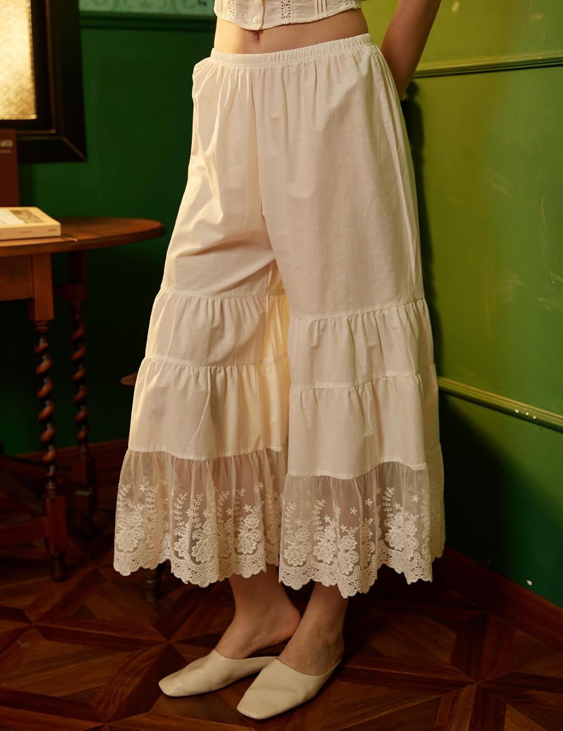 BEAUTELICATE Women Cotton Batiste Culotte Slip Pettipants Lace Trim Vintage Wide Leg Half Slip - Image 2