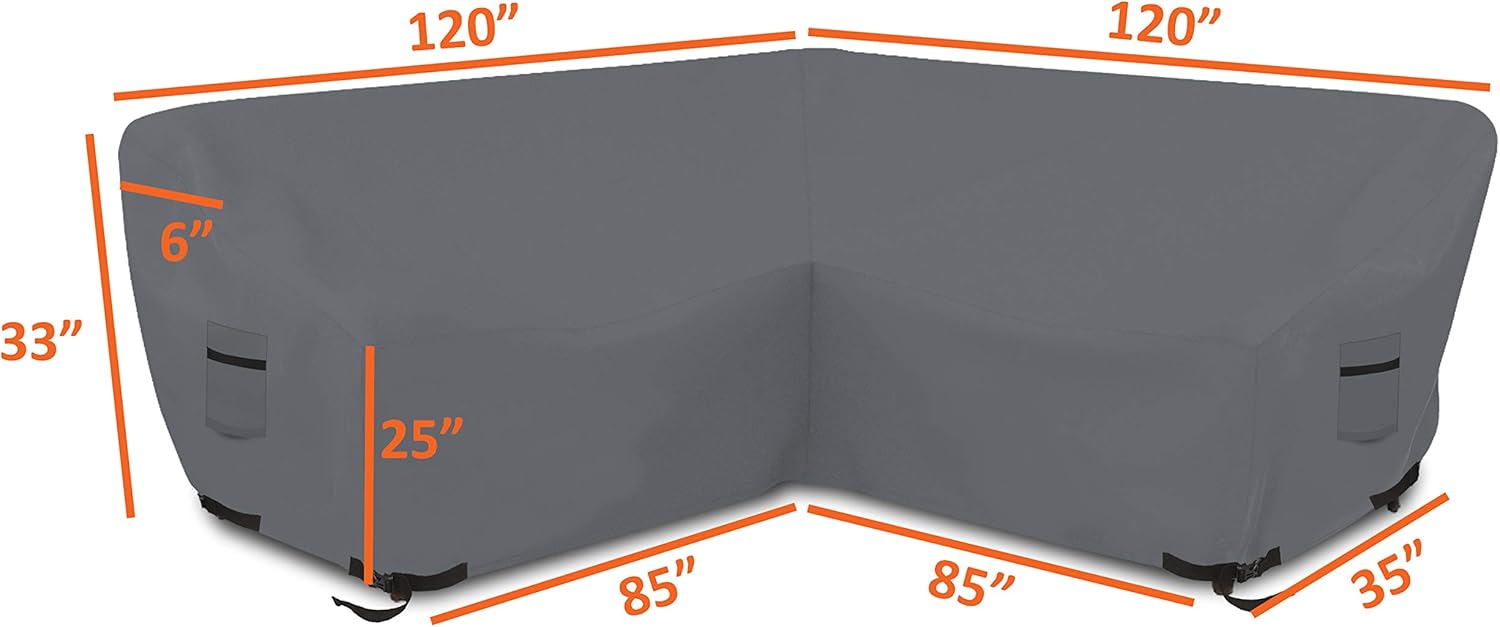 Covers & All Patio Sectional Sofa Cover 12 Oz - 100% Waterproof & Weather Resistant PVC Coated V Shape Sofa Cover for Indoor/Outdoor (120, Grey)