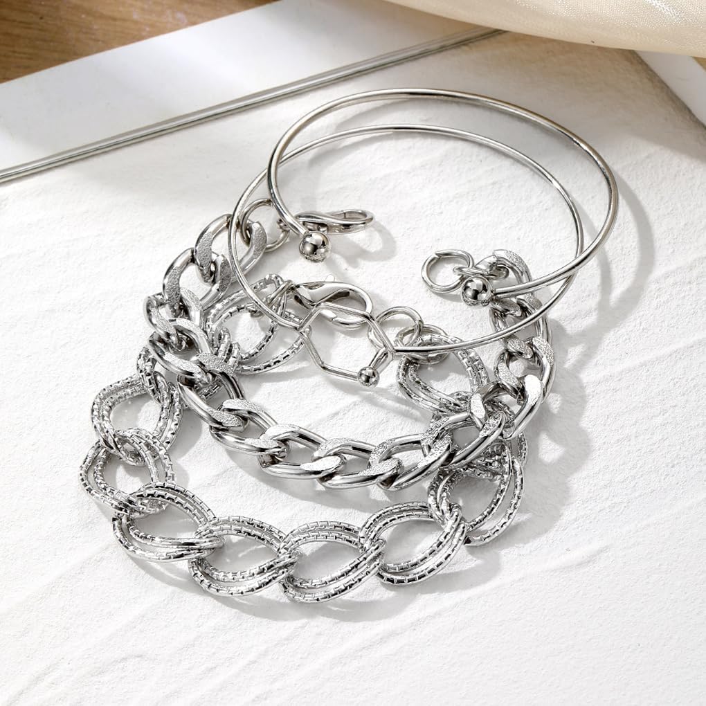 Chunky Gold Cuban Link Chain Bracelets Set for Women Layered Wide Hollow Geometric Cuff Bracelets Double Thick Link Bangles Jewelry Accessories - Image 4