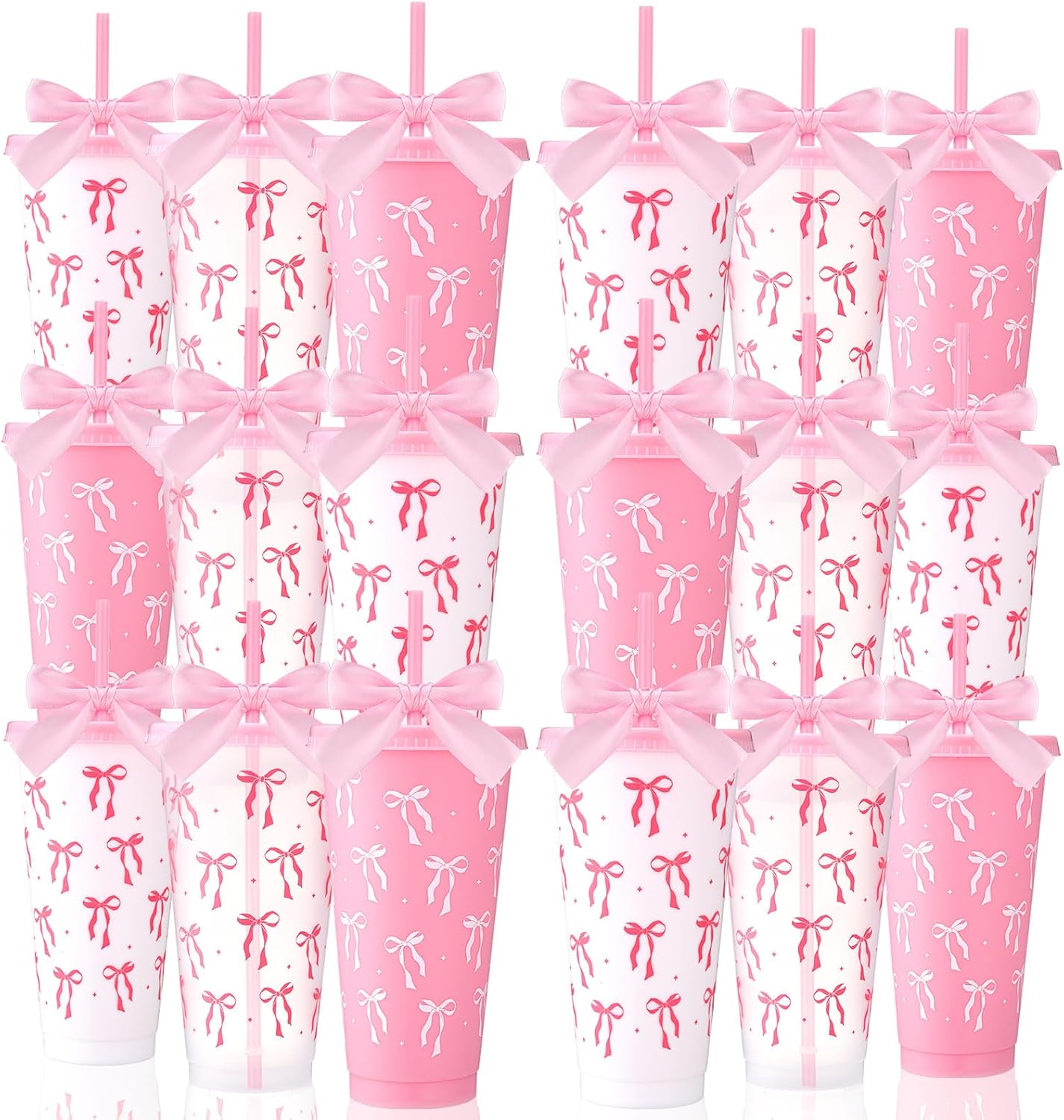 Skylety 24 Pcs 24oz Pink Bow Cups with Lid Straw Plastic Pink Reusable Cups and Ribbon Set Bow Covers Coquette Party Favors for Wedding Baby Shower Birthday Party Favors