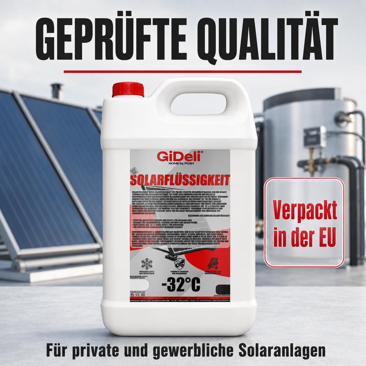 GiDeli Liquido solare da 5 l, antigelo, miscela pronta fino a -32 °C, glicole propilenico atossico, protezione affidabile contro la corrosione, massima efficienza termica, ideale per termica, casa e