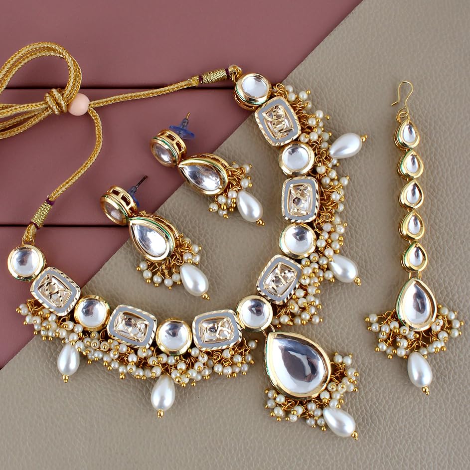 Image of Lucky Jewellery Meenakari 18k Gold Plated Tika Earring Combo Uncut Big Faux Kundan Choker Necklace set