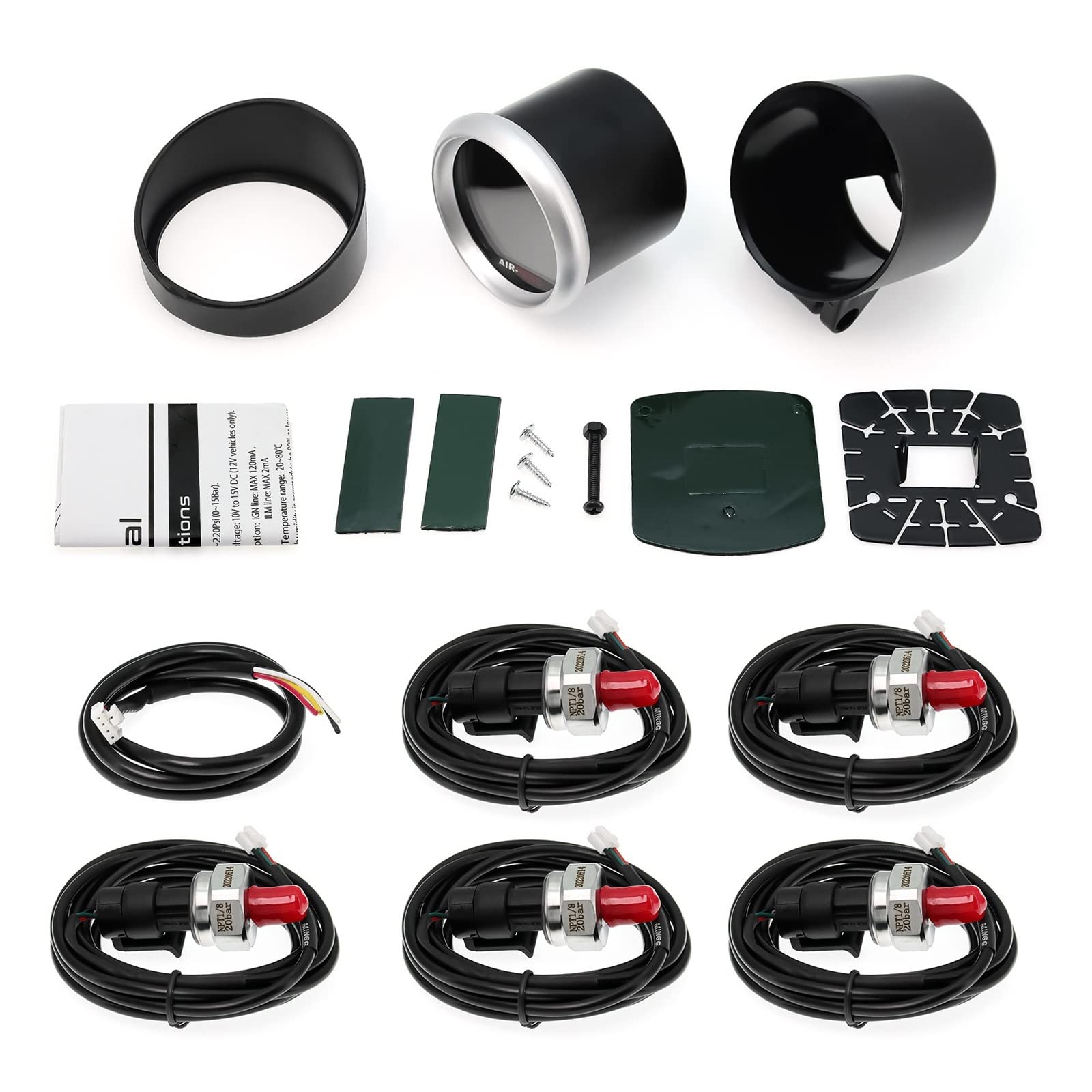 unità di invio Carburante Marino A 7 LED a Colori da 2 Pollici 52mm LCD Manometro a Cinque pressioni dell'Aria Bar Sospensioni pneumatiche Misuratore di Giro Pneumatico con sensore da 5 Pezzi