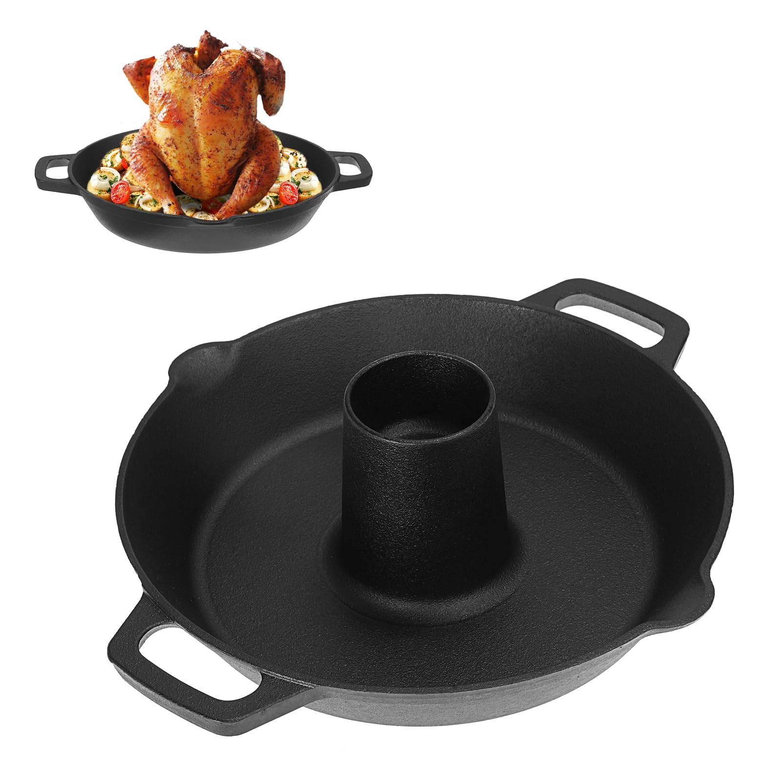 SUMNACON Cast Iron Beer Chicken Roaster Plate, Heavy Duty Stove Grill Chicken Holder Roaster Pan Black Oven Roasting Pan Pre-Seasoned Meat Roaster with Handle for Kitchen