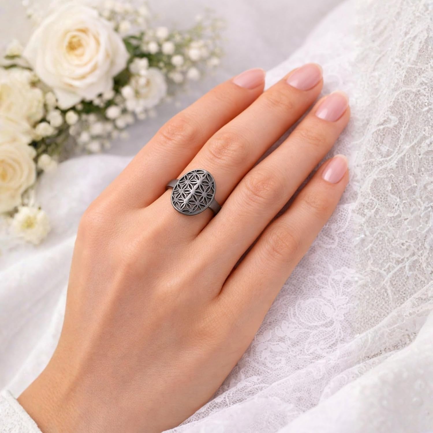 Blue Apple Co. Flower Of Life Ring For Women 925 Sterling Silver Oxidized Vintage Filigree Statement Ring 15.6mm Oval Face Minimalist Stackable Nature Inspired Dainty Jewelry