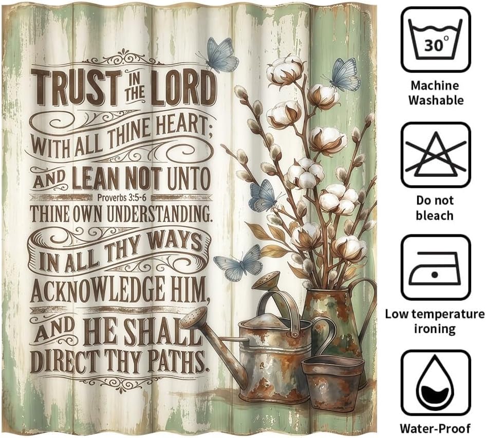 Bible Verse Shower Curtain Blue Butterfly Cotton Retro Iron Pot Classic Inspirational Quote Bath Curtain Christian Scripture Bathtub Curtains Washable Waterproof Polyester Fabric with Hooks 72x78 Inch