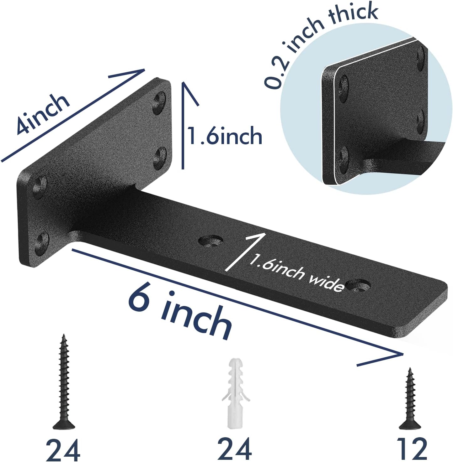 6 Pack Floating Shelf Brackets, 6 Inch Heavy Duty Industrial Shelf Bracket, Black Metal L Brackets for Shelves Support DIY(1/5 Inch Thicked)