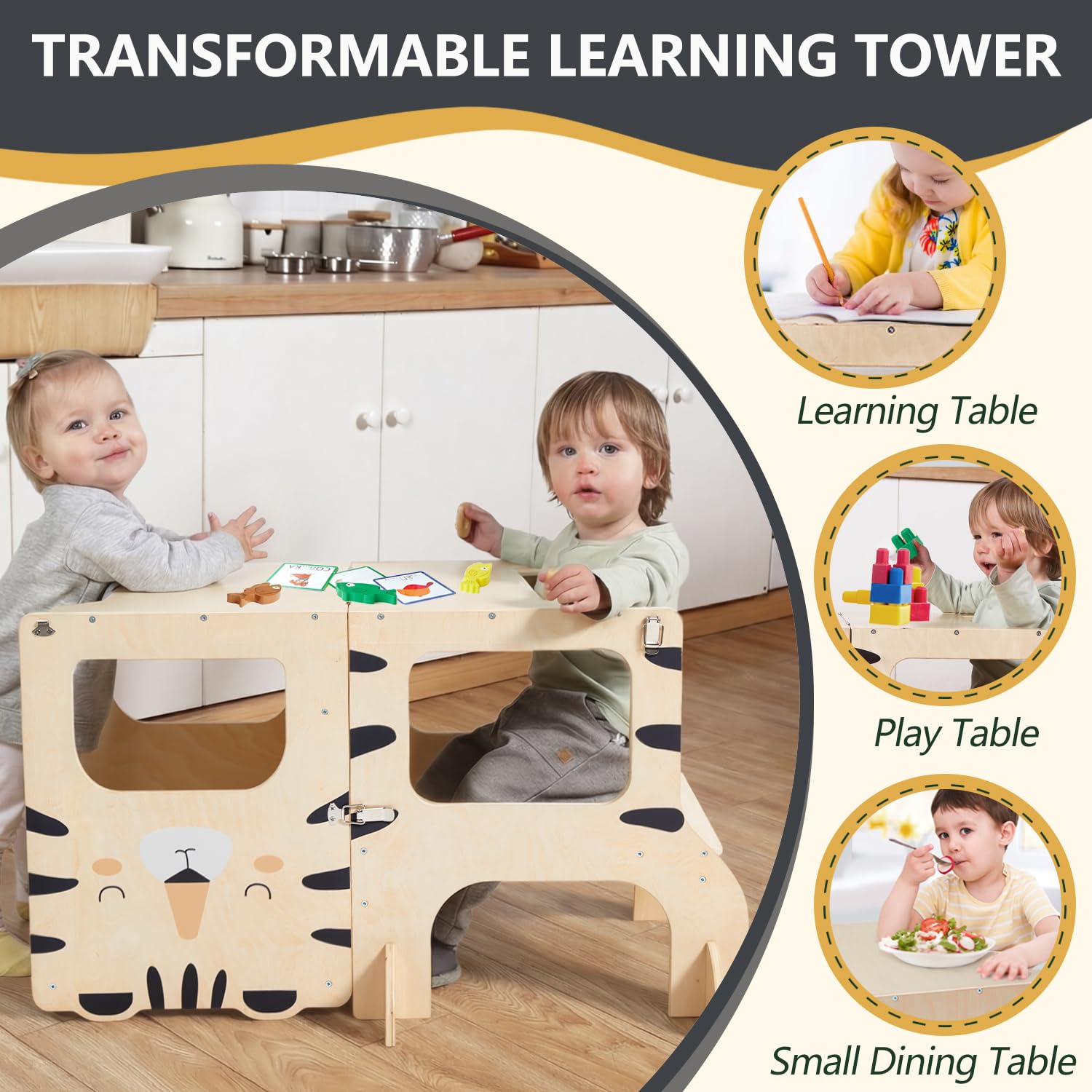 labebe lernturm für Kinder, klappbar Montessori Learning Tower, 3 in 1 lernstuhl Kinder mit Message Boards ab 1 Jahr-Tiger