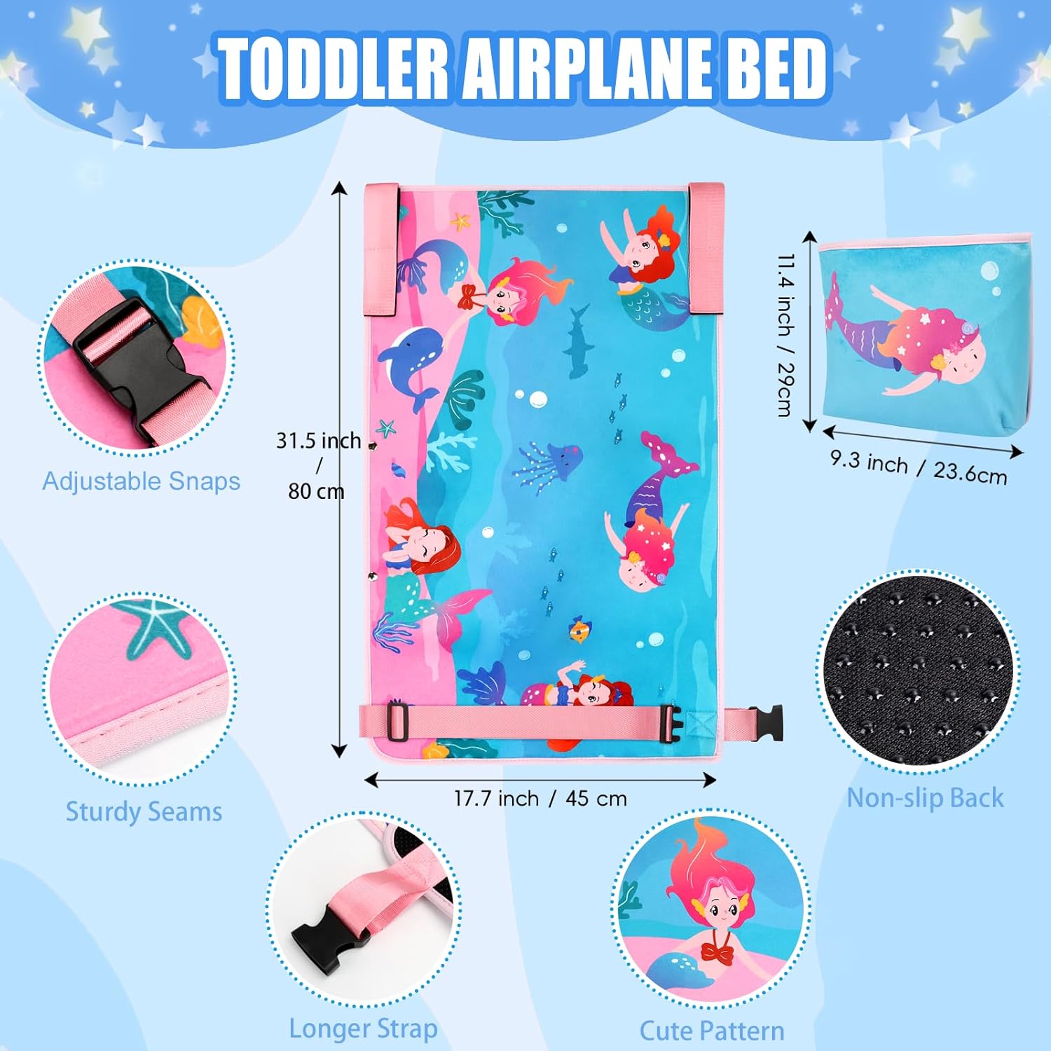 Toddler Airplane Bed, Portable Kids Travel Essentials, Soft Airplane Seat Extender for Kids 1-4, Foot Rest for Flights (Mermaid)