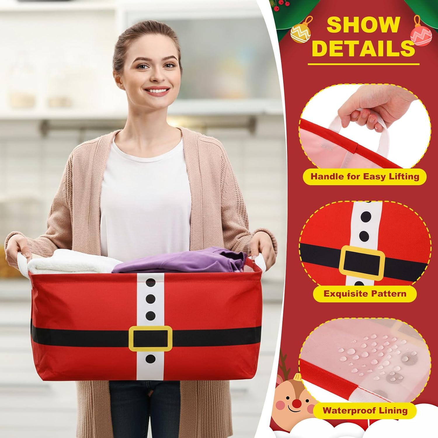 Maxdot 6 Pack Christmas Storage Baskets with Handles Large Collapsible Canvas Baskets, Open Storage Bins for Holiday Decor Home Office Closet Organization, 14.96 x 10.24 x 7.87 in(Santa Claus Belt)