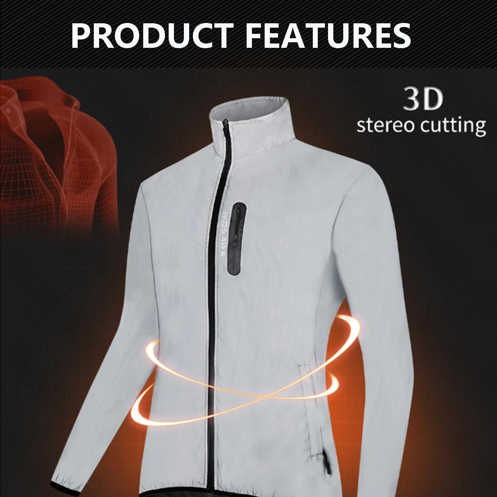 Reflektierende Jacke für Herren Nachtleuchtende Bomberjacke Winddicht Wasserdicht Atmungsaktiv Leichte Fahrradjacke mit Taschen,Silver-XL