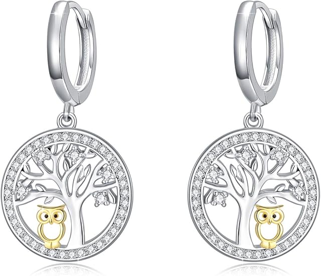 Tree of Life Eardrop 925 Sterling Silver Owl Dangle 14K Owl Earrings Hypoallergenic Jewelry for Girl Ladies Women with Gift Box