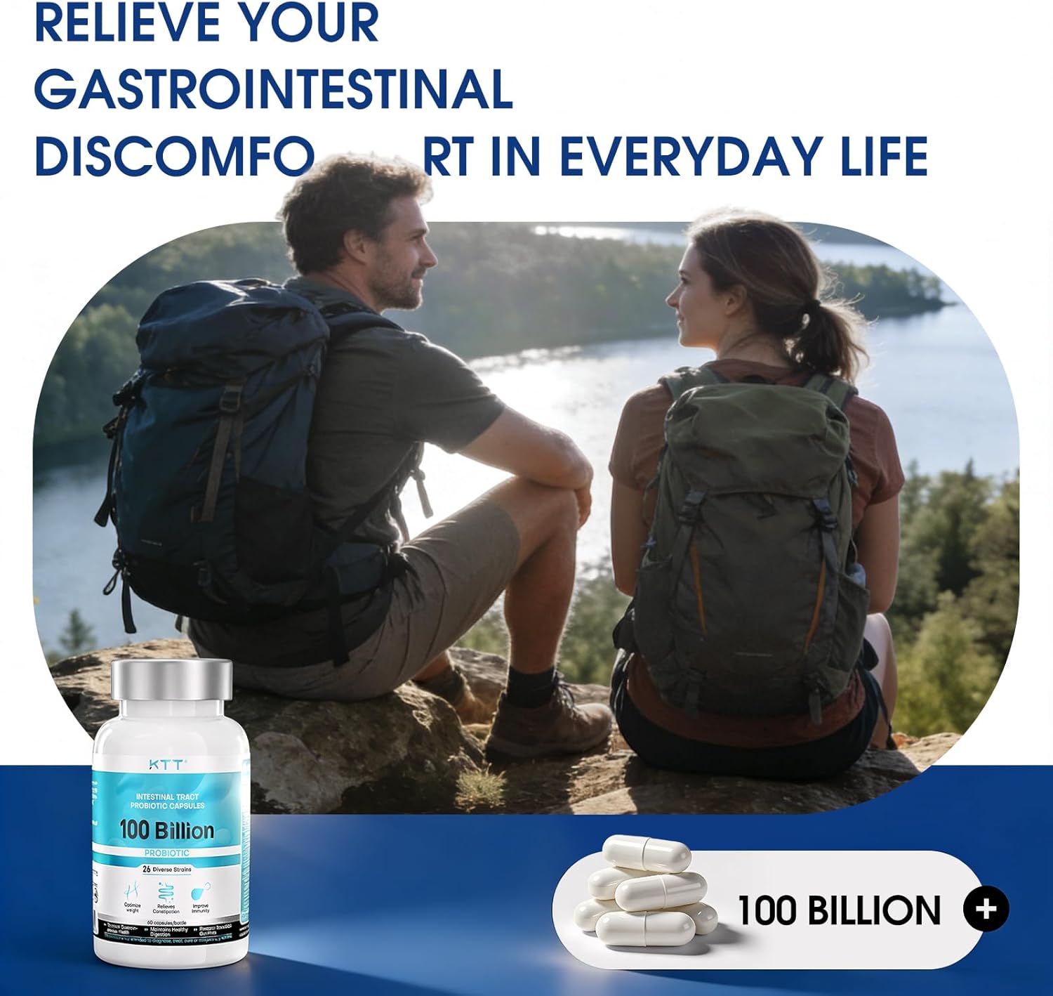 KTT Advanced Probiotics for Bloating Relief – 100 Billion CFU, 26 Strains with Prebiotics, Support Digestive Balance & Regularity, 60 Capsules