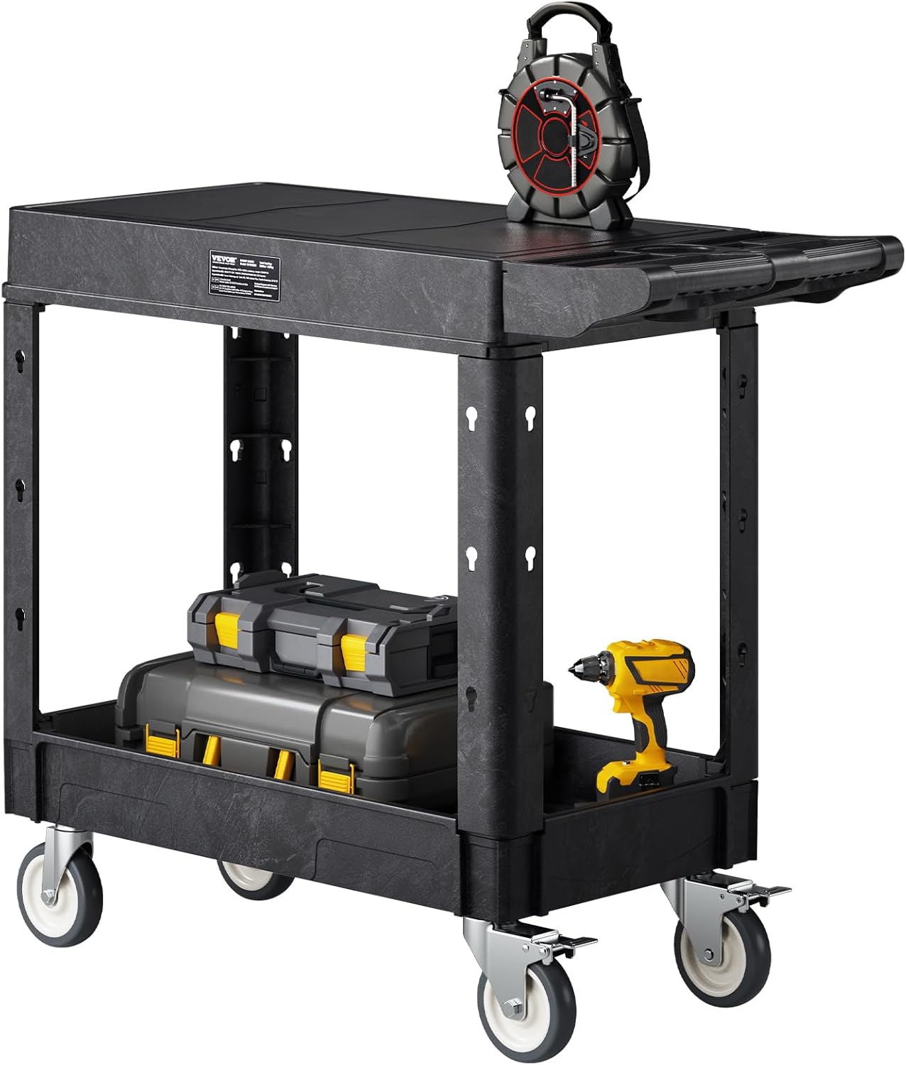 VEVOR Utility Cart, 550 lbs Load Capacity, 31.3 x 17.7-inch Service Cart, Two-Shelf Heavy Duty Plastic Utility Cart with 360 Swivel Wheels (2 with Brakes), Suitable for Warehouse, Garage, Cleaning
