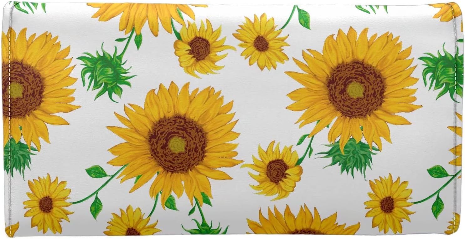 Howilath Sunflower Floral Pattern Women Pu Leather Trifold Wallet Large Capacity Clutch Credit Card Holder Purse Cash Bags(White) - Image 2