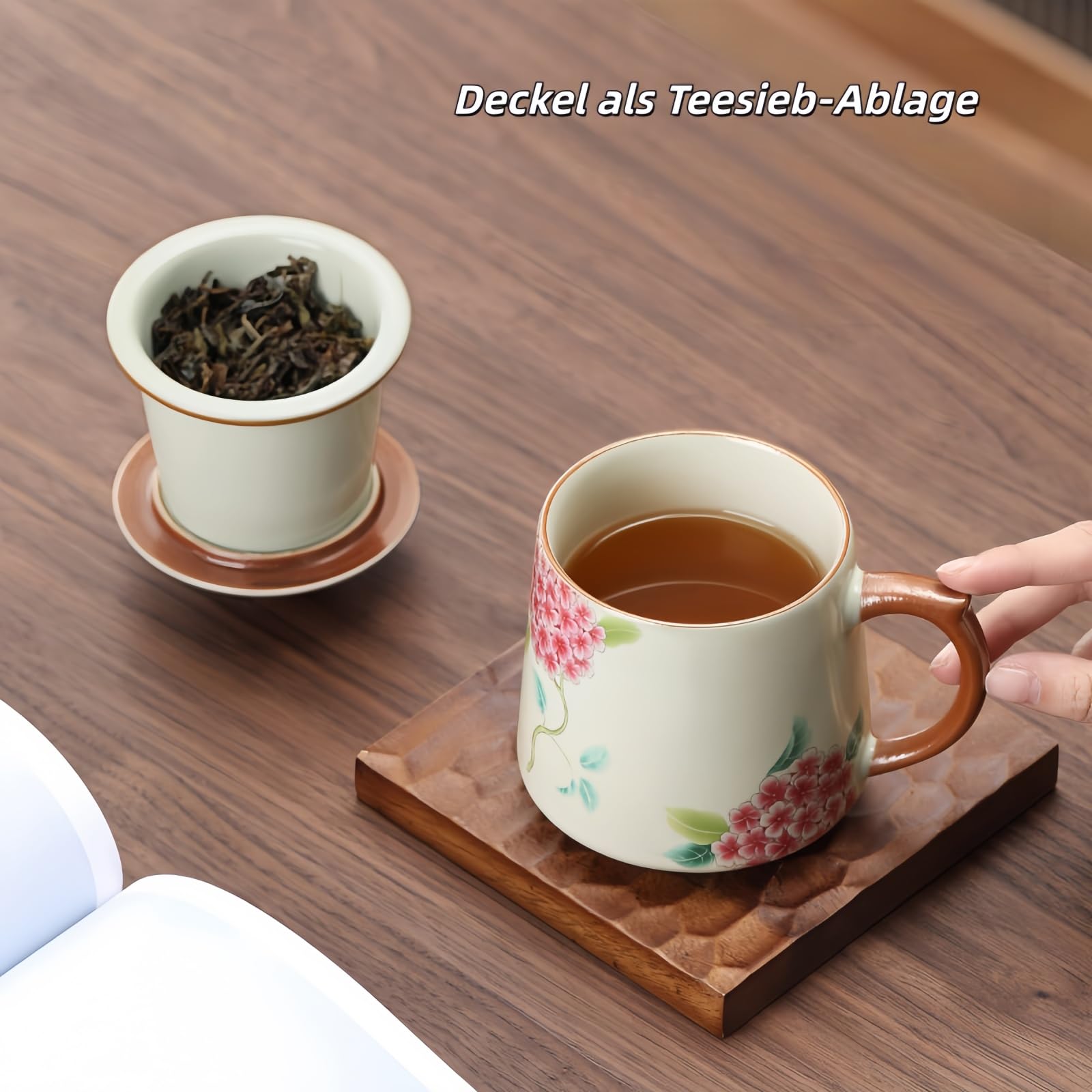 Ceramiczna filiżanka do herbaty z pokrywką 400 ml, separacja herbaty z sitkiem i uchwytem, 2 kolory (wzór Hydrangea), zestaw pojedynczy lub 4 sztuki (zielony, 4 sztuki)