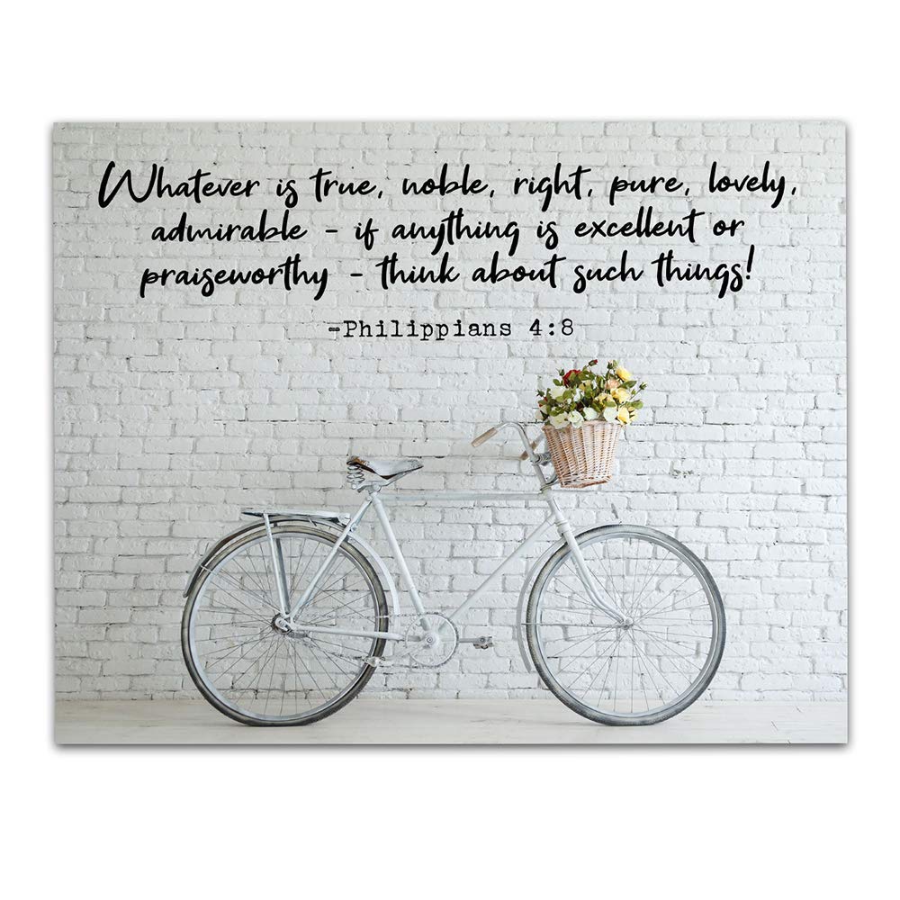 TJ Originals Philippians 4:8" Whatever is True, Noble, Right, Pure, Lovely, Admirable Bible Verse Quote Wall Art - Unframed 11 x 14 Vintage Bike and Flowers Print - Inspirational Gift under $15