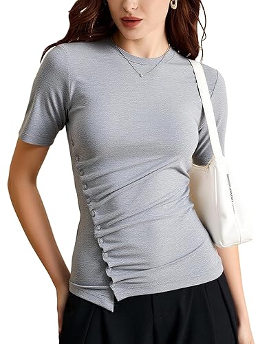 Women's Metal Button Blouses Slide Slit Round Neck Shirt Casual
