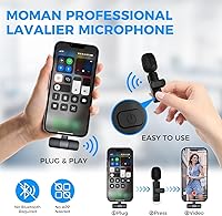 Vista 4 de Moman Micrófono Lavalier inalámbrico para iPhone, micrófono con clip para grabación de video, entrevista, podcast, vlog, YouTube, micrófono