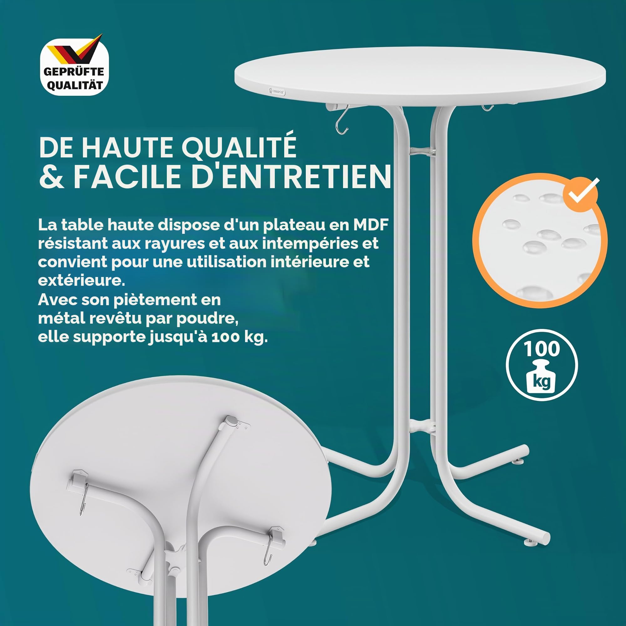 Casaria® Table Mange Debout Pliable 80x110 Cm Blanc avec Housse Élastique Lavable Table Bistrot Mange Debout Pliant Bar Intérieur Extérieur Métal Stable Plateau MDF Résistant 100 Kg