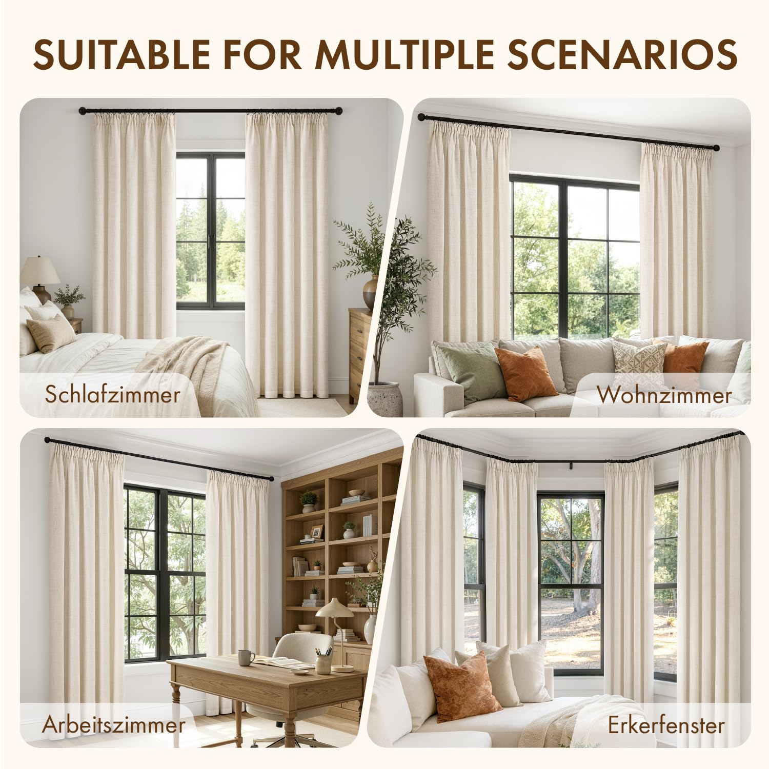 MIULEE Rideaux Aspect Lin Beige avec Ruban Lot de 2 140x260 cm | Tissu aspect lin semi-transparent pour salon et chambre; ruban pour une pose facile.