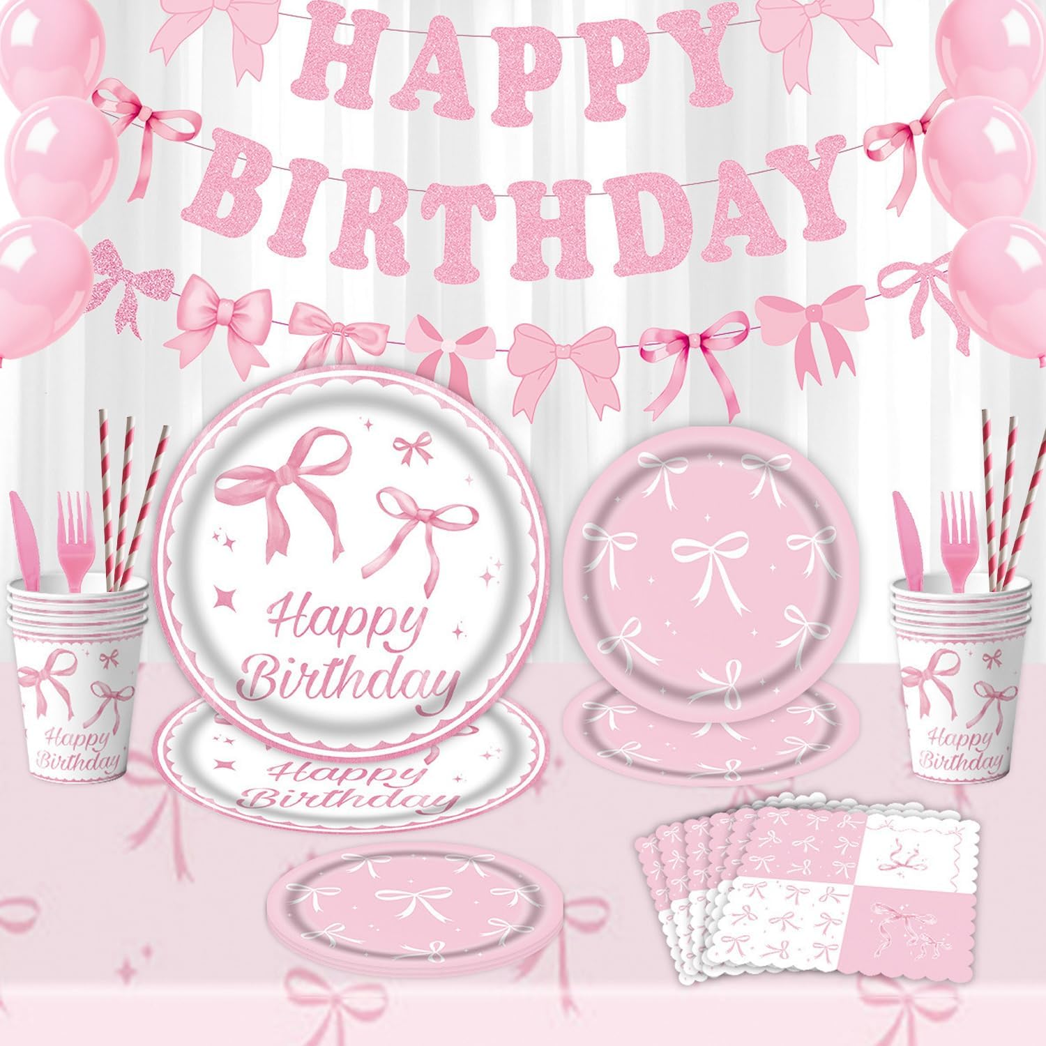 Pink Baby Girl Shower Party Supplies Tableware Sets,Includes Disposable Plates, Napkins, Cups,Straws,Cutlery, Balloons, Banner, and Tablecloth for Party Baby Shower Birthday Decorations,Serves 20